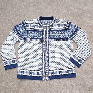 Carroll Reed 100% Wool Blue White Fair Isle Snowflake Cardigan Sweater Clasp L